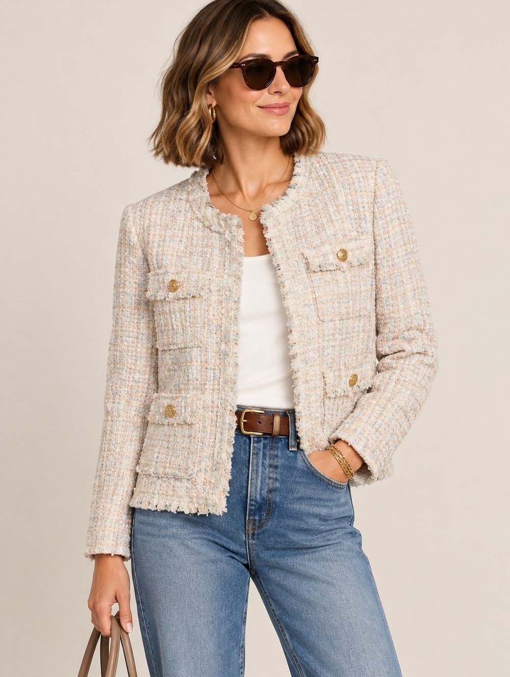 NANETTE nanette leporeTweed Frayed Open Front Jacket